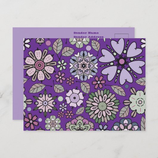 Retro Pastel Pink Purple Floral Seamless Pattern ポストカード (正面/裏面)