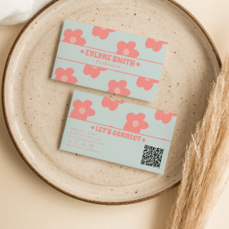 Retro Pastel Pink QR Code Groovy Floral Boho Girly 名刺