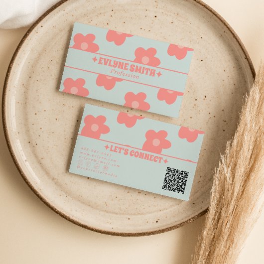 Retro Pastel Pink QR Code Groovy Floral Boho Girly 名刺