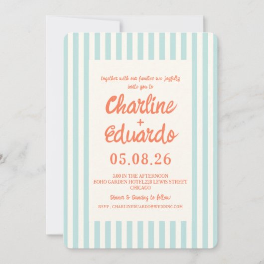 Retro Pastel Striped Wedding Invitation  招待状 (正面)