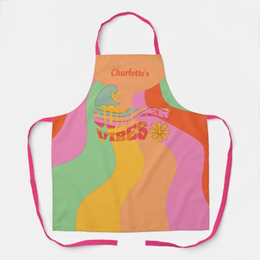 Retro Pastel Waves Summer Vibes with Name エプロン (正面)