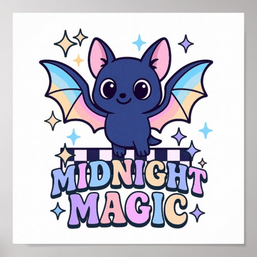 Retro Pastelcore Cute Halloween Bat & Checkerboard ポスター (正面)