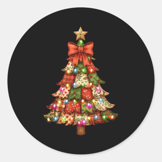 Retro Patchwork Bow Christmas,rustic Country Chris ラウンドシール (正面)