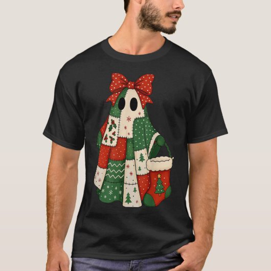 Retro Patchwork Christmas Ghost Coquette Bow X-mas Tシャツ (正面)