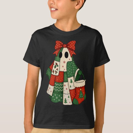 Retro Patchwork Christmas Ghost Coquette Bow X-mas Tシャツ (正面)