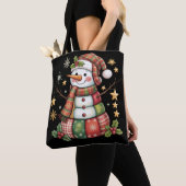 Retro Patchwork Snowman Merry Christmas Coquette トートバッグ (クローズアップ)