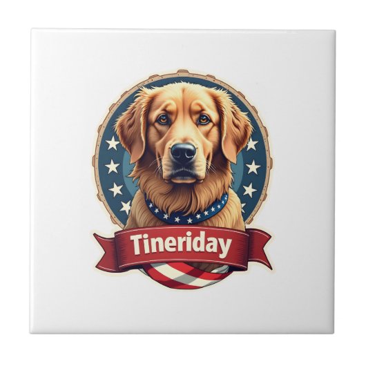 Retro Patriotic Golden Retriever Engraving Tee タイル (正面)