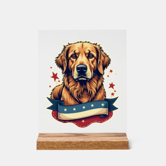 Retro Patriotic Golden Retriever Engraving Tee 4 アクリルサイン (正面)