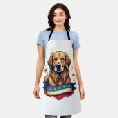 Retro Patriotic Golden Retriever Engraving Tee 4 エプロン (着用した状態)