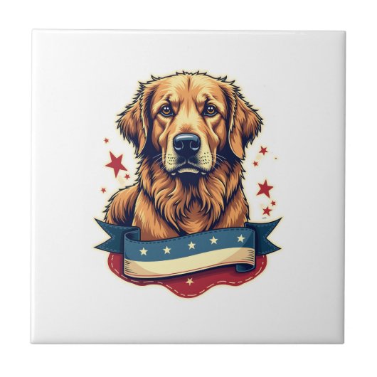 Retro Patriotic Golden Retriever Engraving Tee 4 タイル (正面)