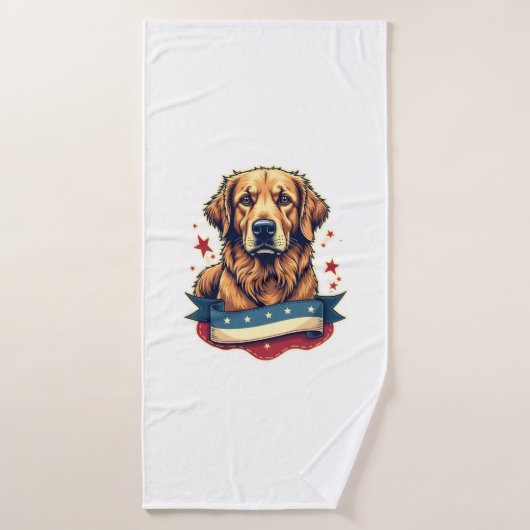 Retro Patriotic Golden Retriever Engraving Tee 4 バスタオル (バスタオル)