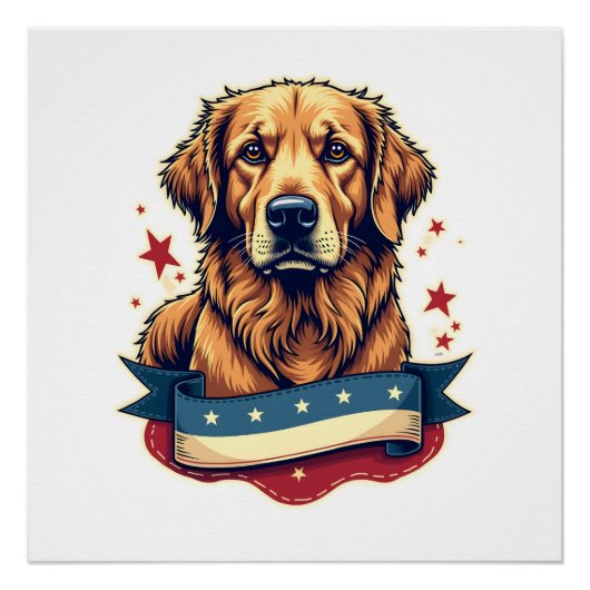Retro Patriotic Golden Retriever Engraving Tee 4 ポスター (正面)