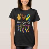 Retro Peace Love Cure Blue World Down Syndrome Awa Tシャツ (正面)