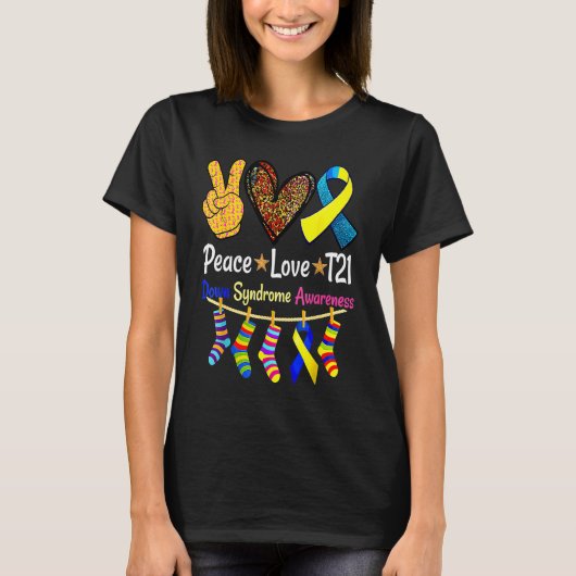 Retro Peace Love Cure Blue World Down Syndrome Awa Tシャツ (正面)