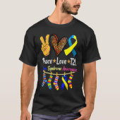 Retro Peace Love Cure Blue World Down Syndrome Awa Tシャツ (正面)