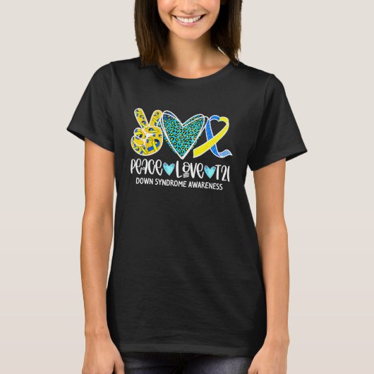 Retro Peace Love Cure Blue & Yellow Ribbon Down Sy Tシャツ (正面)