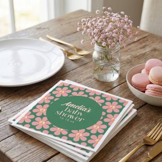 Retro Peace Sign Flower Green Pink Baby Shower スタンダードカクテルナプキン