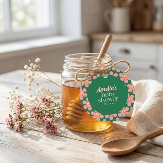 Retro Peace Sign Flower Green Pink Baby Shower フェイバータグ