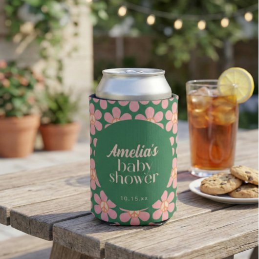 Retro Peace Sign Flower Green Pink Baby Shower  缶クーラー