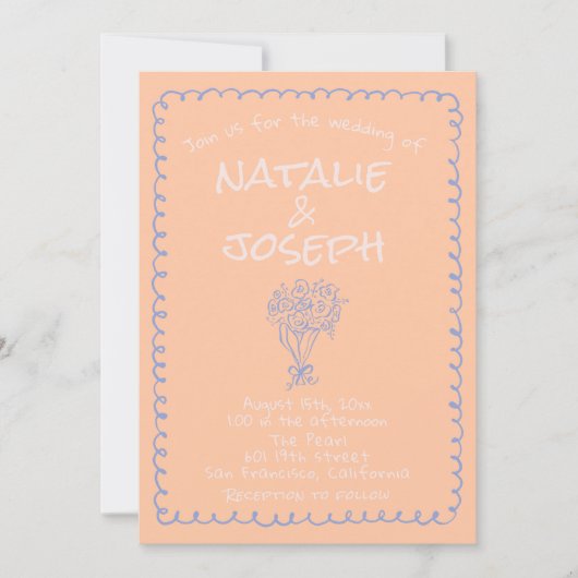 Retro Peach Blue Hand Drawn Funky Quirky Wedding 招待状 (正面)