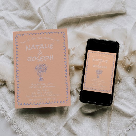 Retro Peach Blue Hand Drawn Funky Quirky Wedding 招待状