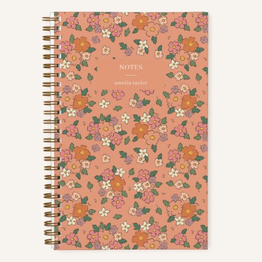 Retro Peach Floral Notes Personalized Name ノートブック (正面)