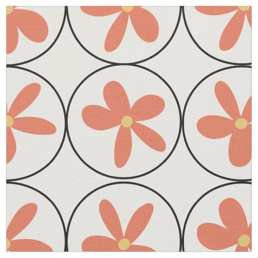Retro Peach Floral Tile - Combed Cotton Fabric ファブリック (クローズアップ)