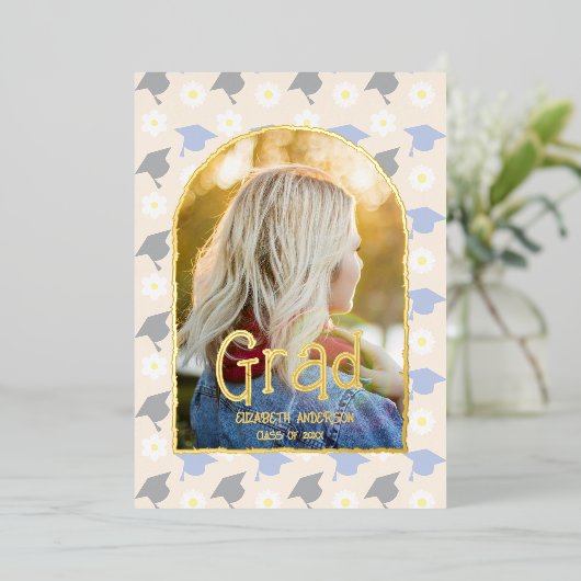 Retro Peach Graduation Announcement 箔招待状 (立ち正面)