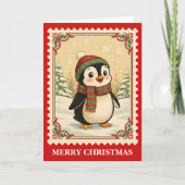 Retro Penguin Christmas Postage Stamp シーズンカード (正面)