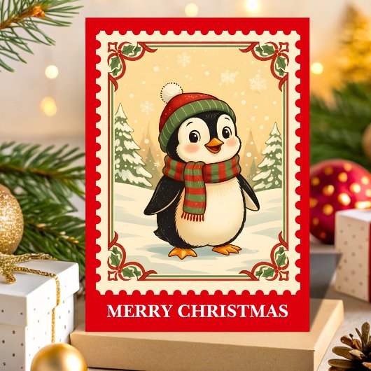 Retro Penguin Christmas Postage Stamp シーズンカード