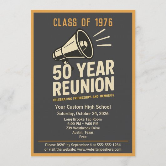Retro Pep Rally Style 50 Year Class Reunion 招待状 (正面)