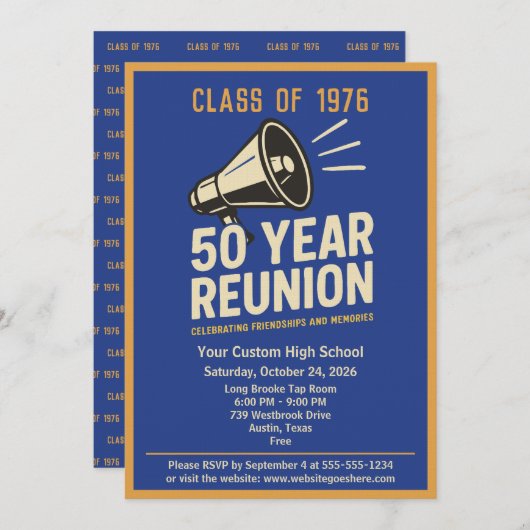 Retro Pep Rally Style 50 Year Class Reunion 招待状 (正面/裏面)