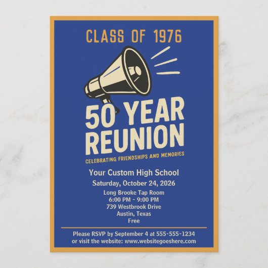 Retro Pep Rally Style 50 Year Class Reunion 招待状 (正面)
