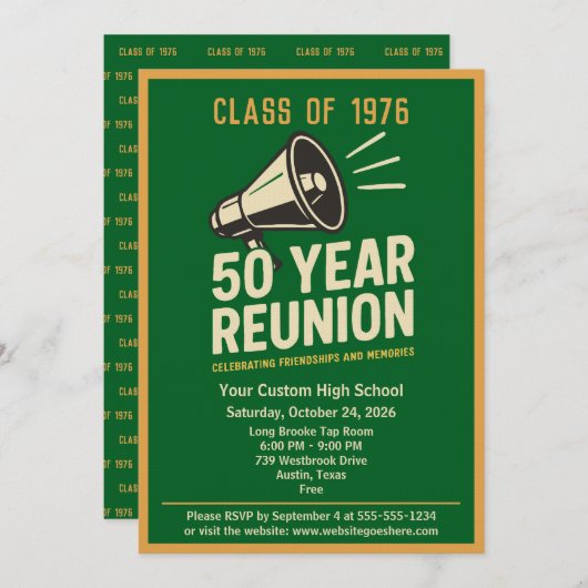 Retro Pep Rally Style 50 Year Class Reunion 招待状 (正面/裏面)