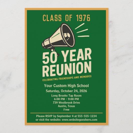Retro Pep Rally Style 50 Year Class Reunion 招待状 (正面)