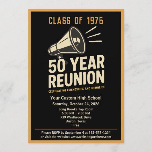 Retro Pep Rally Style 50 Year Class Reunion 招待状 (正面)