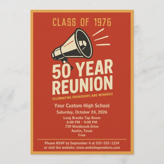 Retro Pep Rally Style 50 Year Class Reunion 招待状 (正面)