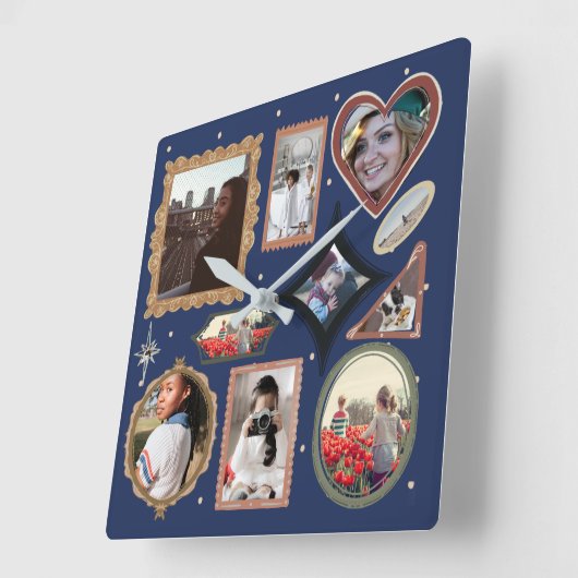 Retro Personalized 12 Photo Collage Template DIY スクエア壁時計 (傾斜)