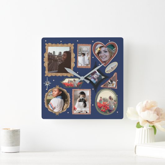 Retro Personalized 12 Photo Collage Template DIY スクエア壁時計 (ホーム)