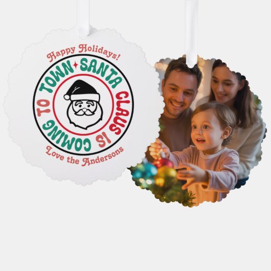 Retro Personalized Christmas Keepsake Photo オーナメントカード (正面/裏面)