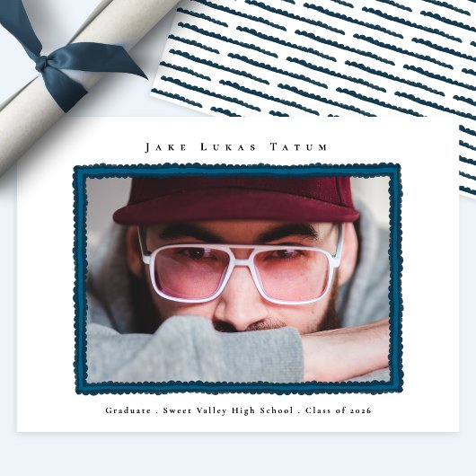 Retro Photo Blue Frame Graduation High School 案内状