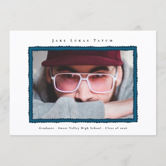 Retro Photo Blue Frame Graduation High School 案内状 (正面)