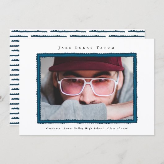 Retro Photo Blue Frame Graduation High School 案内状 (正面/裏面)