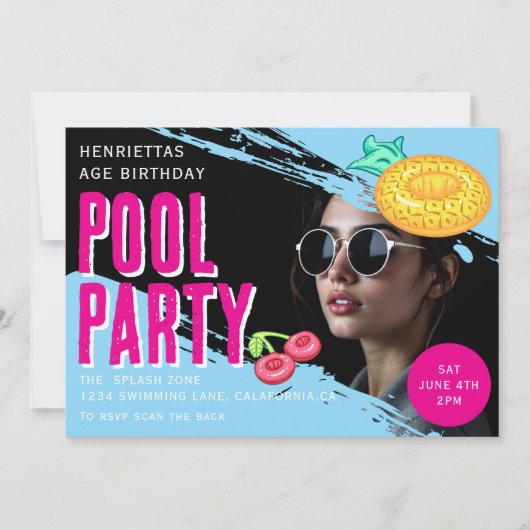 Retro photo Pool Party Birthday QR Code RSVP 招待状 (正面)