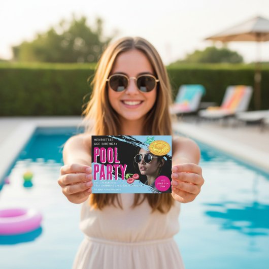 Retro photo Pool Party Birthday QR Code RSVP 招待状