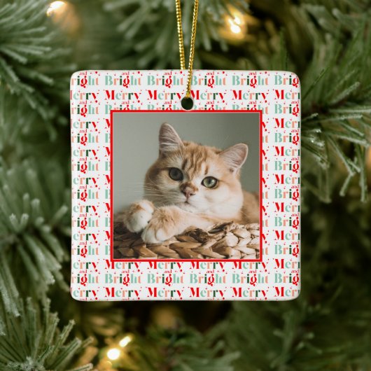 Retro Photo Red Pink Merry and Bright Christmas セラミックオーナメント (ツリー)