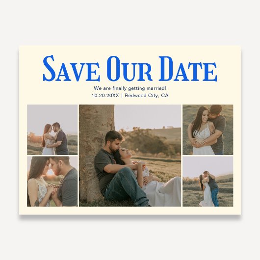Retro Photo Yellow Blue Wedding Save The Date 案内ポストカード