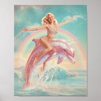 Retro Pin-Up Girl Riding a Sparkling Pink Dolphin  ポスター