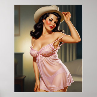 Retro Pin-up Girl with Cowboy hat ポスター