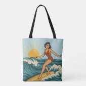 Retro Pin-Up Surfer Blue Coastal Surfing Art Beach トートバッグ (裏面)